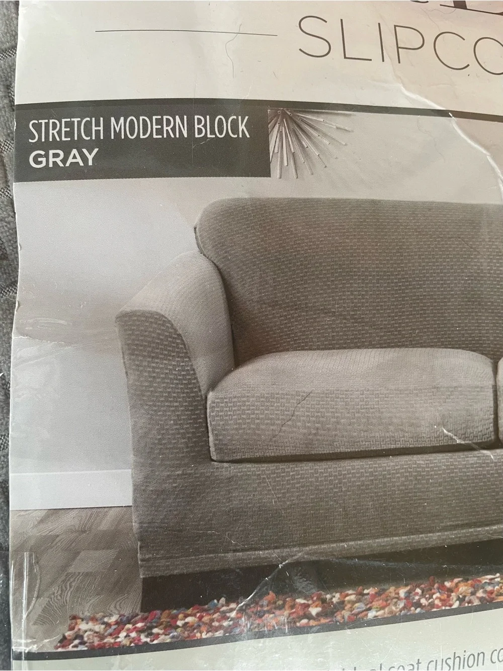 SureFit Gray Stretch Modern Block 3 Piece Loveseat Slipcover Like New